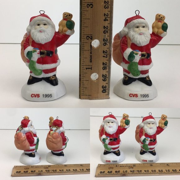 2 Vtg 1995 CVS Santa w Bear Christmas Holiday Ornaments Ceramic Collectible - Picture 3 of 10